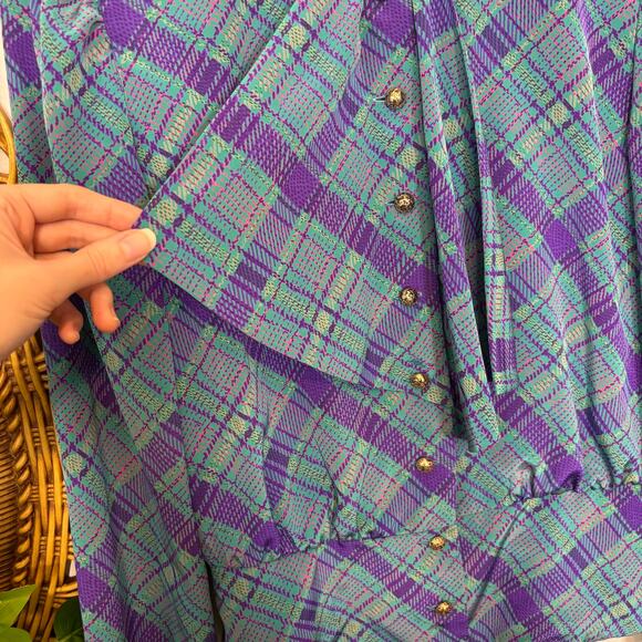 Vtg 11 Shona Dress 80s Plaid 2 Pc Set Blouse Skirt Jewel Tone | Bright Winter - Picture 16 of 16